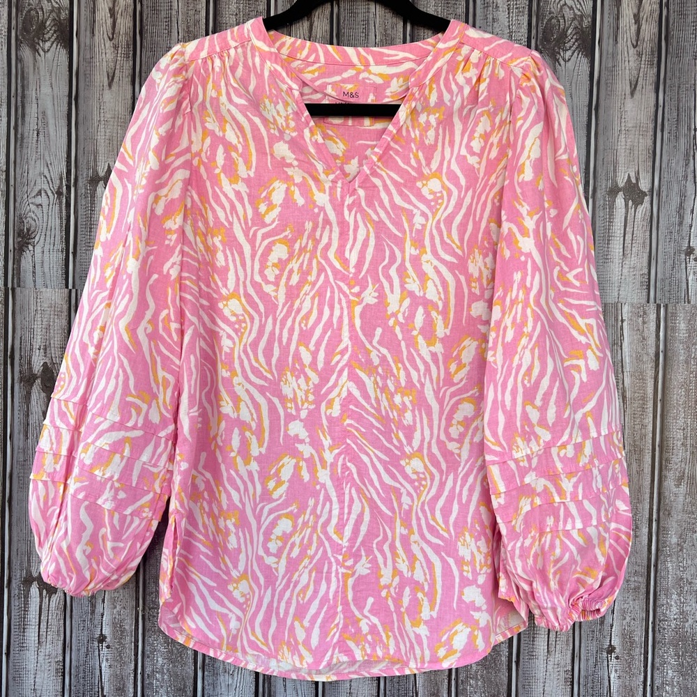 Marks & Spencer Linen Rich Pink and Yellow Patterned Blouse